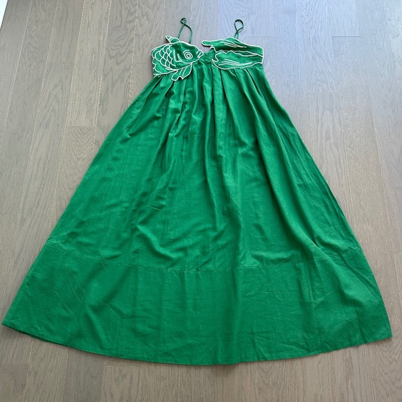 Farm Rio Green Fish Top Maxi Midi Dress Linen White - With Tags - Size Large - Picture 2 of 10
